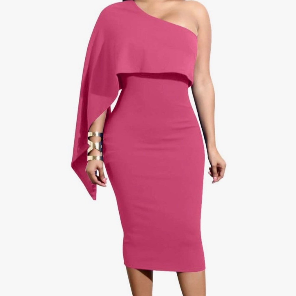 Pink one shoulder dress.